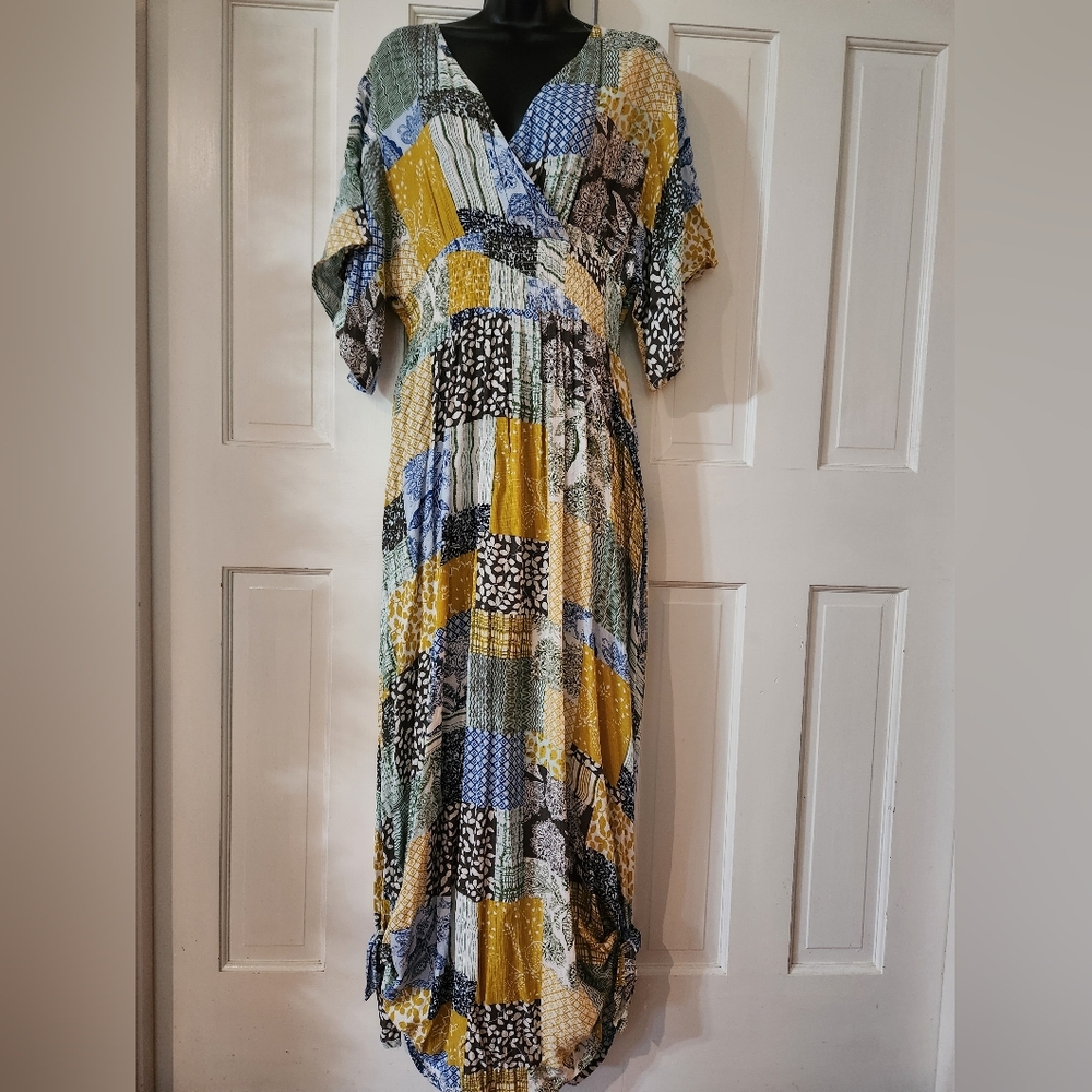 Patchwork Boho Maxi Dress in Gold & Blue - New With Tags - Womens Size: Medium